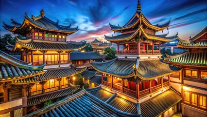 Obraz premium Traditional Chinese Forum Architecture with Ornate Roofs and Intricate Wooden Carvings in Urban Setting