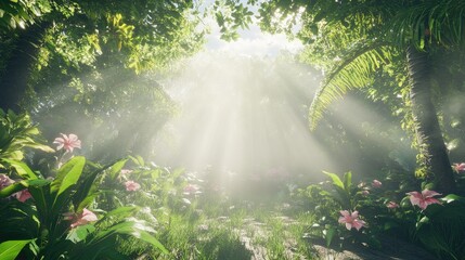 Lively 3D wallpaper of a vibrant tropical rainforest with mist rising from the forest floor and sunlight streaming through. No logos or people.
