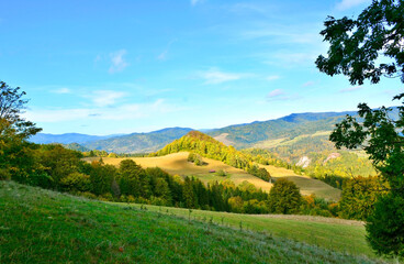 Naklejka premium Scene in Pieniny mountains on a warm and sunny autumn day, Szczawnica, Poland