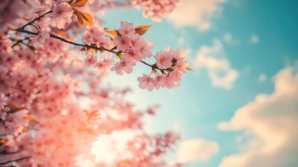 Lively 3D wallpaper of blooming cherry blossoms against a vibrant sky, capturing the essence of spring. No logos or people.