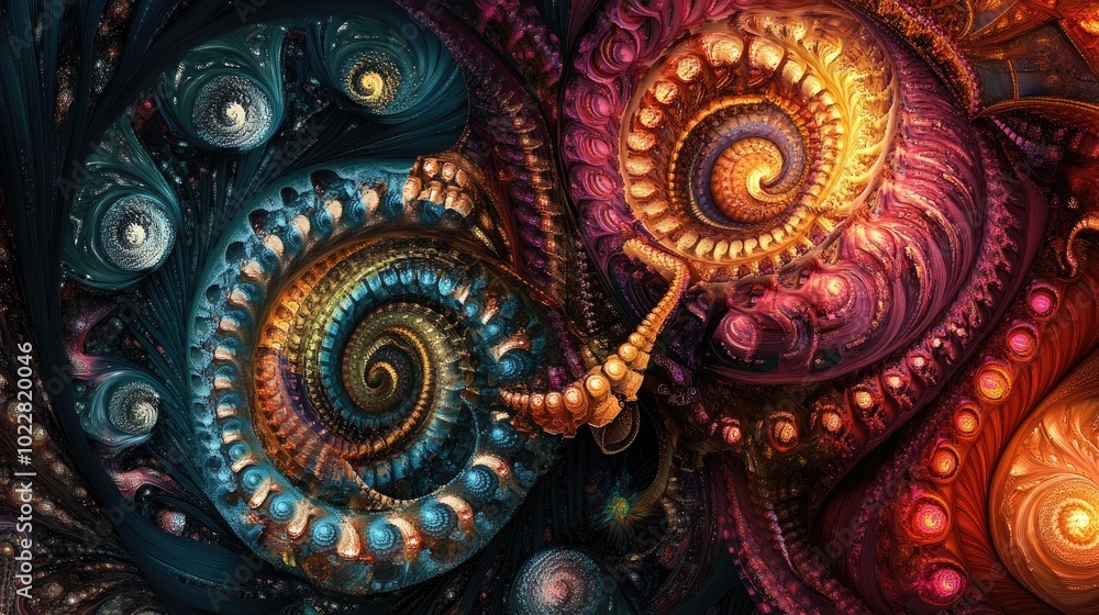 Poster Abstract digital fractal design with fantasy elements featuring vibrant colors and intricate patterns