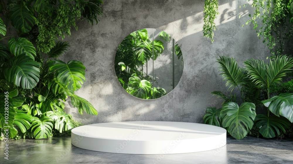 Poster 3D render of an empty white round product display with a mirrored glass shower screen and a lush green monstera plant Natural beauty theme backdrop mock up bathroom podium