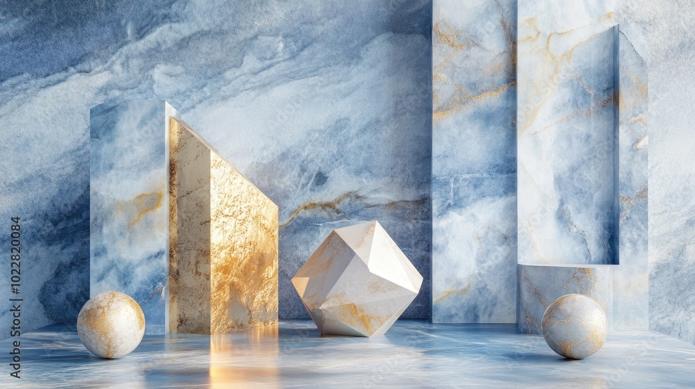 Poster 3d rendering of a blue scene featuring a collection of geometric shapes in gold marble