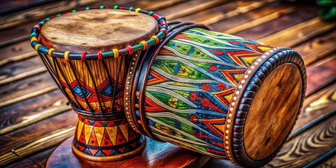 Traditional djembe drum made from wood and animal skin, showcasing intricate carvings and design