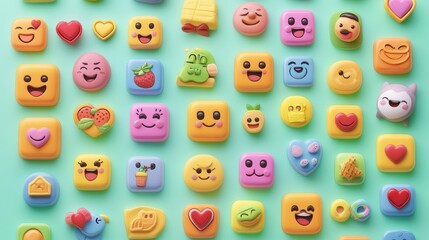 3D colorful emoji icons on green background.