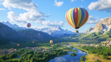 Fototapeta premium Lively 3D wallpaper of colorful hot air balloons floating over a picturesque valley with mountains in the background. No logos or people.