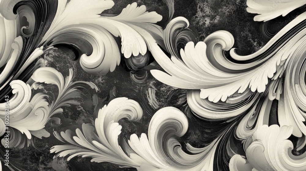 Poster artistic representation of an ornament featuring a blend of black and white elements