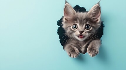 Funny gray kitten and smiling dogs with beautiful big eyes on trendy blue background Lovely fluffy cat puppy of pomeranian spitz and pug climbs out of hole in colored background : Generative AI