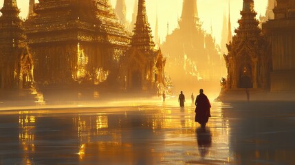 Fototapeta premium Serene Monk Walking in Golden Buddhist Landscape