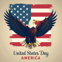 Bald eagle with spread wings against the background of the US flag