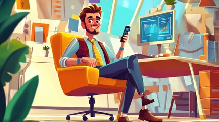 Man in office chair, using phone, smiling.