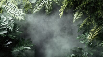 Naklejka premium Realistic 3D wallpaper of a close-up of a rainforest with mist and detailed fern fronds. No logos or people.