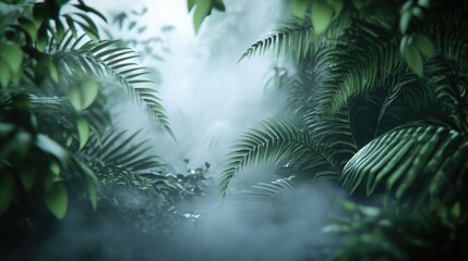 Realistic 3D wallpaper of a close-up of a rainforest with mist and detailed fern fronds. No logos or people.