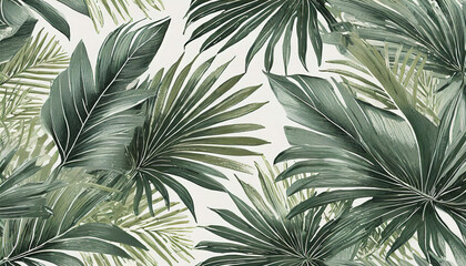 Luxurious tropical foliage pattern showcasing intricate green leaves in a vibrant arrangement on a light background