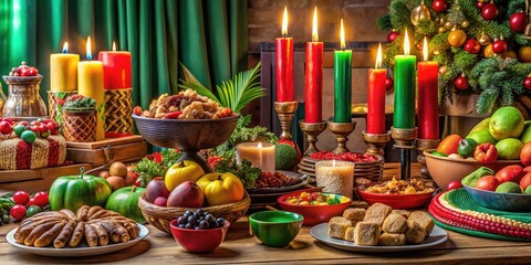 Traditional Kwanzaa Feast featuring Colorful Dishes and Celebratory Decorations for the Holiday Season