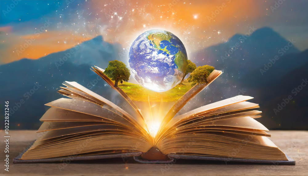 Poster an open book reveals a vibrant world with trees and the globe against a serene mountain backdrop at 