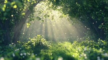 Fototapeta premium Realistic 3D wallpaper of a dense forest with sunlight filtering through the trees, illuminating the undergrowth. No logos or people.