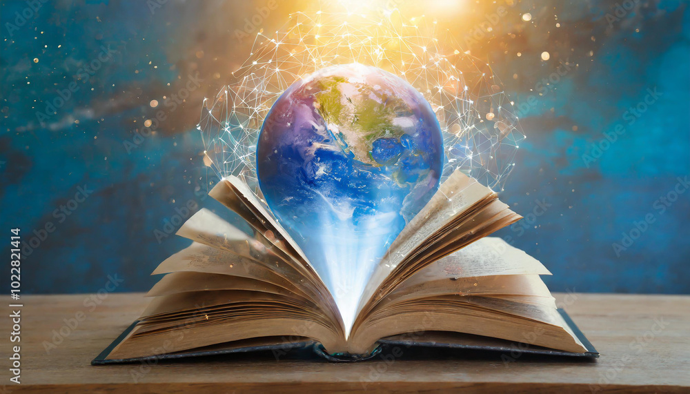 Poster an open book reveals a vibrant globe with digital connections, symbolizing knowledge and exploration