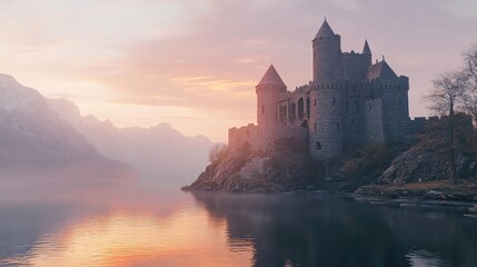 Realistic 3D wallpaper of a detailed stone castle overlooking a serene lake at dawn. No logos or people.