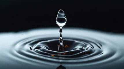 Close-up of a single water droplet suspended above the surface creating ripples in the water, under low lighting conditions.