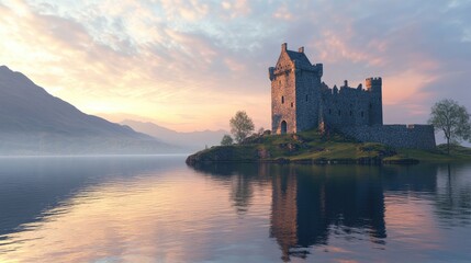 Realistic 3D wallpaper of a detailed stone castle overlooking a serene lake at dawn. No logos or people.