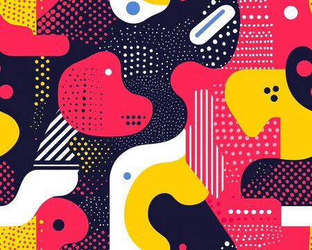 Memphis style abstract seamless pattern, playful shapes, 80s color scheme