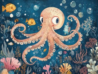 Children s room illustration featuring an octopus and aquatic friends perfect for sea themed wallpaper and mural designs