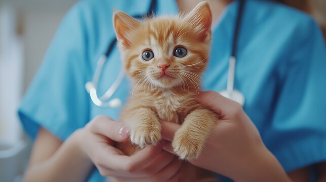 Web banner with puppy and kitten in veterinarian doctor hands at animal clinic copy space Female vet doctor holding cute ginger puppy and kitten Vet examining Pet check dog and cat hea : Generative AI