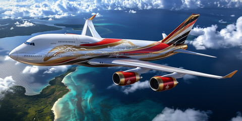 Fototapeta premium Luxury private jet with gold and red paint scheme flies above tropical islands.
