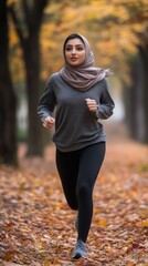 A young woman wearing a hijab runs along a picturesque park path in the midst of autumn, surrounded by vibrant orange and yellow leaves, enjoying the fresh air and exercise