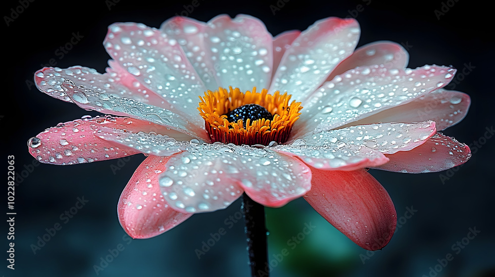 Sticker A pink and white flower with droplets on petals and a black stem with a yellow core