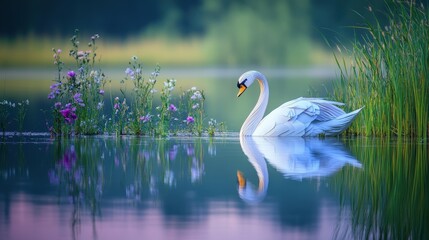 Obraz premium A graceful swan swims in a calm lake.