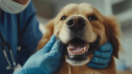 Veterinarian doctor in blue uniform conduct a routine examination of a dog checking teeth on a table in a modern office of a veterinary clinic Treatment and vaccination of pets : Generative AI