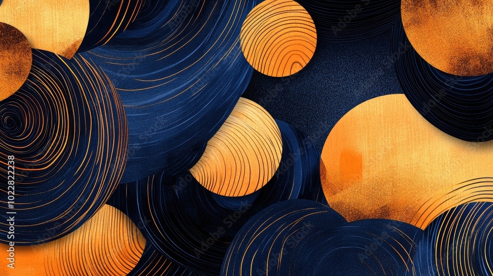 Poster Abstract geometric art featuring orange and blue vector patterns modern design with hand drawn lines and gold texture elements