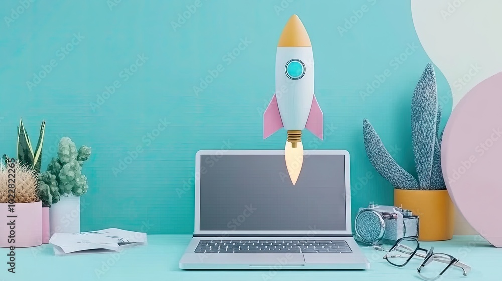 Poster 3d rocket taking off from a laptop with a single-color background, a metaphor for launching new tech
