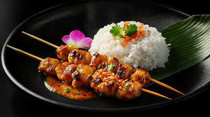 Cinematic photograph of Thai satay with rice and coconut milk sauce, served on a black plate, food photography.