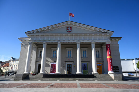 Vilnius, Lithuania - July 22, 2024: Vilnius Town Hall (Vilniaus rotuse) is a historical town hall in the square of the same name in the Old Town of Vilnius, Lithuania.