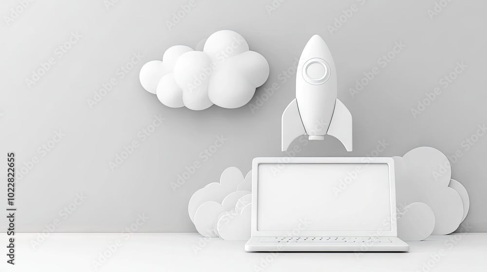Poster a 3d render of a rocket emerging from a laptop screen, with a monochromatic, futuristic background. 