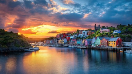 Fototapeta premium Colorful houses on a harbor at sunset.