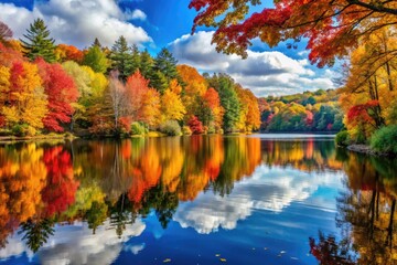 Tranquil Autumn Landscape with Colorful Falling Leaves and Calm Reflections on a Serene Lake