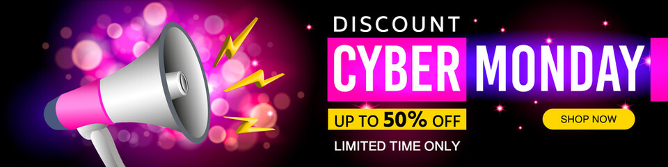 Cyber Monday sale banner. Modern design with megaphone and glowing background Cyber Monday. Discount up to 50 percent. Vector illustration, advertising design, retail and promotional campaign template