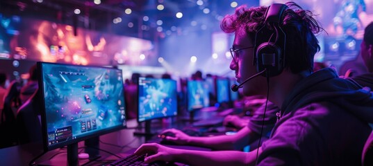 E-sports Expo Featuring Live Gaming Competitions with Professional Players in a Purple Lit Arena Showcasing Skill and Team Play