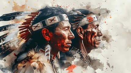 Two Native American Men in Feathered Headdresses and Traditional Jewelry Against Artistic Background