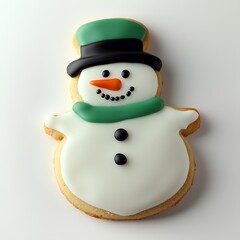 Fototapeta premium one snowman shaped iced sugar cookie, white background, product photography from above : Generative AI