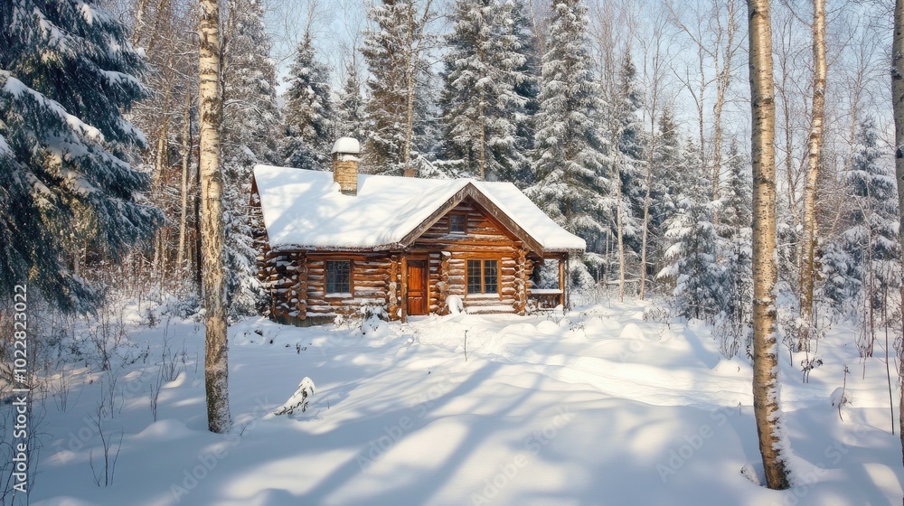 Poster a snow covered log house surrounded by trees in a winter forest