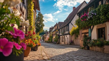 Fototapeta premium Cobblestone street lined with colorful, flower-filled buildings.