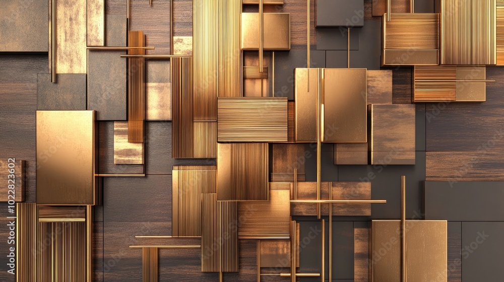 Poster 3d modern mural design featuring golden lines squares and wood texture ideal for enhancing interior 