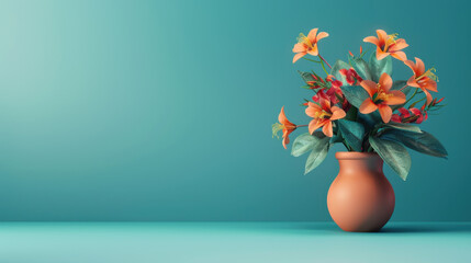 Orange Flowers in Terracotta Vase on Turquoise Background