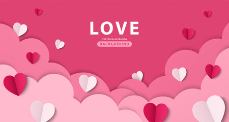 Happy Valentine's Day poster. Beautiful paper cut white clouds with heart on pink background. Design for Anniversary. Banner for showing love. Copy space for text. Papercut style. Vector illustration