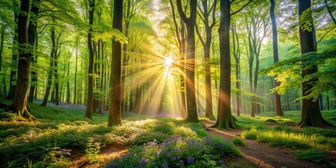 Obraz premium Tranquil Forest Scene with Sunlight Filtering Through Lush Green Leaves and Vibrant Flora Below